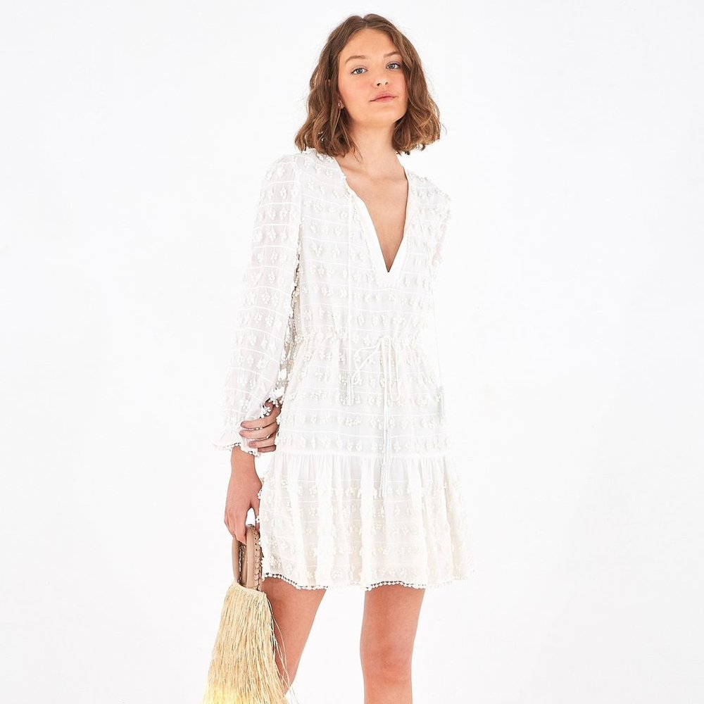 FARM RIO FRINGE MINI DRESS IN OFF WHITE SIZE L